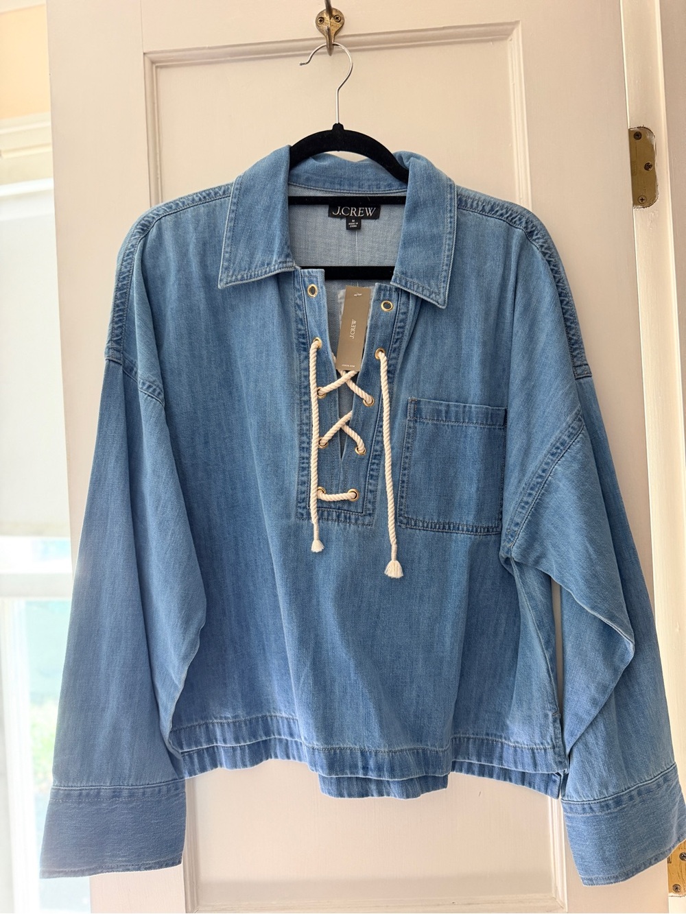 J. Crew Light Blue Denim Lace-Up Pullover Sweatshirt